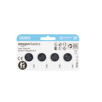 Picture of Amazon Basics 4-Pack CR2032 Lithium Coin Cell Battery, Compatible with AirTag, 3 Volt, Long Lasting Power, Mercury-Free