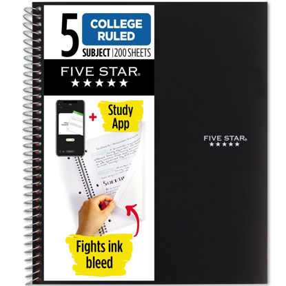 Picture of Five Star Spiral Notebook + Study App, 5 Subject, College Ruled Paper, Fights Ink Bleed, Water Resistant Cover, 8-1/2" x 11", 200 Sheets, Black (72081)