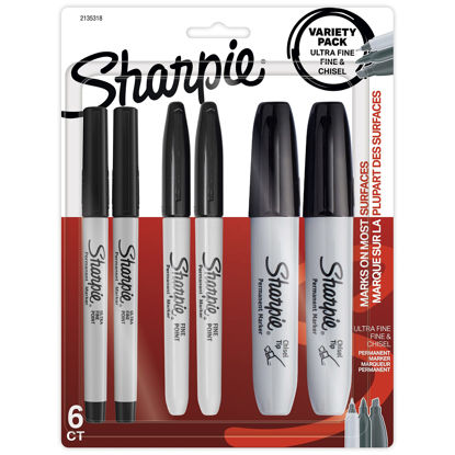 Picture of Sharpie Permanent Markers Variety Pack, Featuring Ultra-Fine, Chisel Tip, And Fine Tip Marker Set, Writing And Poster Markers, Black, 6 Count