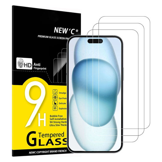 Picture of NEW'C 3 Pack Designed for iPhone 15, iPhone 15 Pro (6.1 inches) Screen Protector Tempered Glass,Case Friendly Ultra Resistant