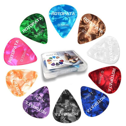 Picture of 15 Pack Guitar Picks Plectrums with Organizer Storage Box, 0.5 0.75 1.0 mm Includes Thin Medium Heavy Thickness, Variety Colorful Celluloid Plectrums for Bass Electric Acoustic Guitars Ukulele