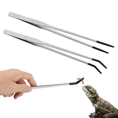 Picture of Novery 2PCS Stainless Steel Reptile Feeding Tongs with Rubber Tip, 10.6” Straight & Curved Long Tweezers for Aquarium or Craft, Bearded Dragon Tank Snakes Enclosure Accessories, Terrarium Supplies