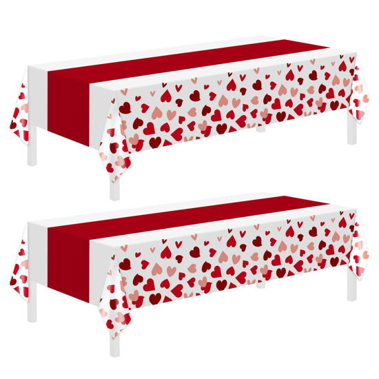 Picture of 2 Pack Valentines Day Tablecloth,Valentines Day Decorations 54" x 108" Disposable Plastic Tablecloth,Red Table Cloths for Rectangle Table,Party Supplies,Valentines Decor,Wedding,Engagement,Anniversary