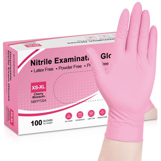 Picture of Schneider Nitrile Exam Gloves, 4-mil Medical Gloves Disposable Latex Free, Powder Free, Food Safe Gloves for Cooking, Cleaning, Examination, Cherry Blossom, Medium, 100-ct Box