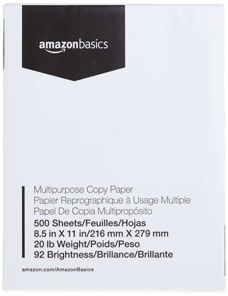Picture of Amazon Basics Multipurpose Copy Printer Paper, 8.5 x 11 inches, 20 lb, 1 Ream, 500 Sheets, 92 Bright, White