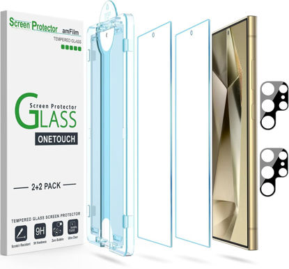 Picture of amFilm Auto-Alignment OneTouch for Samsung Galaxy S24 Ultra 6.8'' Screen Protector + Camera Lens Protector, Tempered Glass, 30 seconds Installation, Bubble Free, Case Friendly, Anti-Scratch [2+2 Pack]