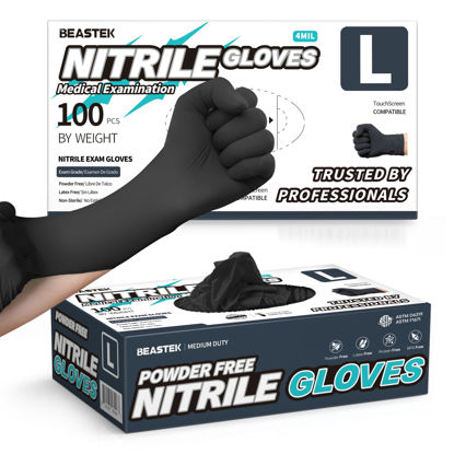 Picture of Beastek Black Nitrile Exam Gloves, 4 mil Powder-Free Latex-Free Non-Sterile Food Safe Disposable Medical Glove, 100 Pcs (Large)