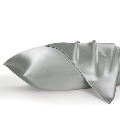 Picture of Bedsure Satin Pillowcases, Similar to Silk Pillow Cases Queen Size Set of 2, Pillow Case for Sleeping Women with Envelope Closure, Gifts for Women Men, Silver Grey, 20x30 Inches