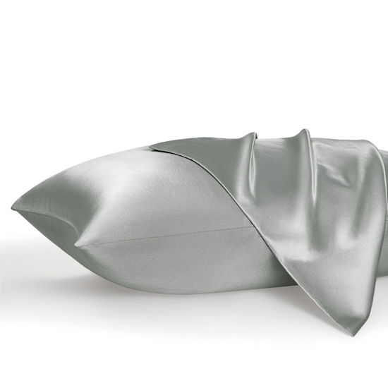 Picture of Bedsure Satin Pillowcases, Similar to Silk Pillow Cases Queen Size Set of 2, Pillow Case for Sleeping Women with Envelope Closure, Gifts for Women Men, Silver Grey, 20x30 Inches