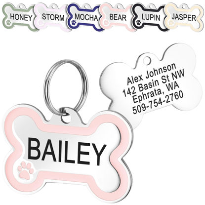 Picture of GoTags Stainless Steel Bone Dog Tag with Color Outline and Paw Print, Personalized Pet ID Tag for Dogs and Cats, Custom Engraving with up to 5 Lines of Text on Both Sides (Pink, Regular)