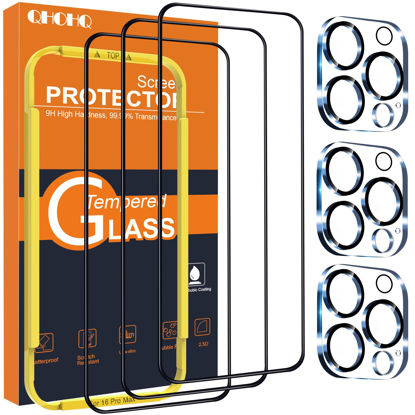 Picture of QHOHQ for iPhone 16 Pro Max Screen Protector with Camera Lens Protector, [Military Grade Shatterproof], Top 9H+ Tempered Glass, Full Edge Coverage, Ultra Durable, with Installation Tool [3+3 Pack]