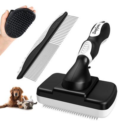 Picture of 3PCS Dog Brush, Slicker Brush for Dogs, Dog Brush for Shedding, Dog Comb, Dog Bath Brush, Dog Grooming Kit Suitable for Hair Removal and Bathing of Dogs & Cats (White Black)