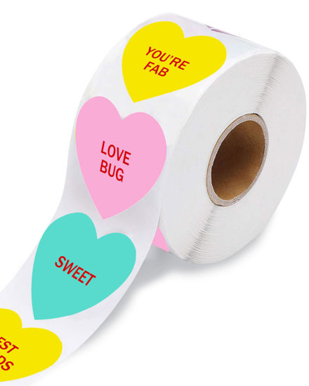 Picture of Oomloid 500 PCS Valentines Day Heart Stickers for Kids, Happy Valentines Day Love Stickers Conversation Hearts for Valentines Day Accessories Cards Valentines Candy Envelopes Gifts Classroom