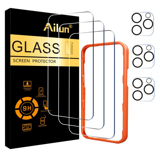 Picture of Ailun 3 Pack Screen Protector for iPhone 16 Pro Max [6.9 inch] + 3 Pack Camera Lens Protector with Installation Frame,Sensor Protection,Dynamic Island Compatible,Case Friendly Tempered Glass Film