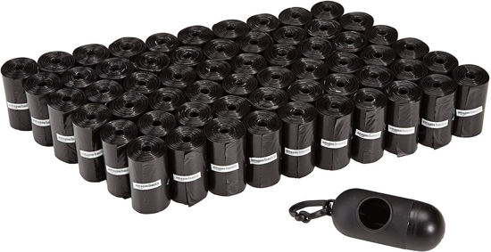 Picture of Amazon Basics Dog Poop Leak Proof Bags with Dispenser and Leash Clip, Unscented, 300 Count, 20 Pack of 15, Black, 13 x 9 Inch
