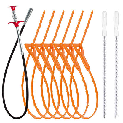 Picture of 35.5inch Drain Clog Remover(1pcs), 25inch Drain Snake Hair Remover(6pcs) ＆ Cleaning Brush(2pcs), Hair Catcher Drain Auger Cleaner Tool Set For Toilet, Kitchen Sink, Bathroom Tub, Sewer, 9 Pack