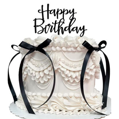 Picture of Bow Cake Topper Ribbion Cake Topper with Happy Birthday sign Coquette Themed Party Black Vintage Cake Topper for Heart Cake Vintage Cake