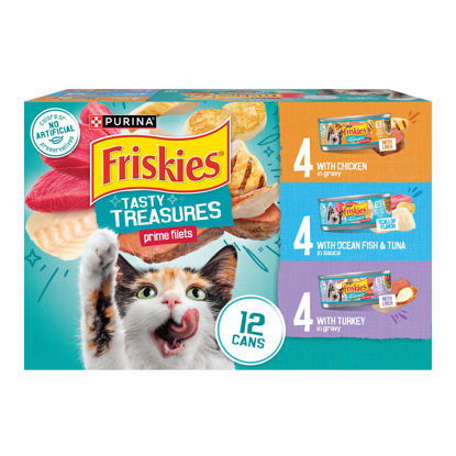 Picture of Purina Friskies Wet Cat Food Variety Pack, Tasty Treasures Prime Filets (With Ocean Fish and Tuna, With Chicken and With Turkey) - (Pack of 12) 5.5 oz. Cans