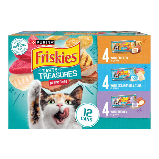 Picture of Purina Friskies Wet Cat Food Variety Pack, Tasty Treasures Prime Filets (With Ocean Fish and Tuna, With Chicken and With Turkey) - (Pack of 12) 5.5 oz. Cans