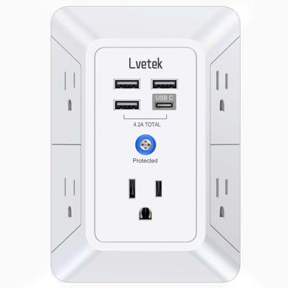 Picture of Lvetek 5 Outlet Extender Multi Plug Wall Outlets with 4 USB Charging Ports (1 USB C Outlet), 3 Sided 1680J Surge Protector Power Strip USB Wall Charger for Home, Office, Travel, ETL Listed, White