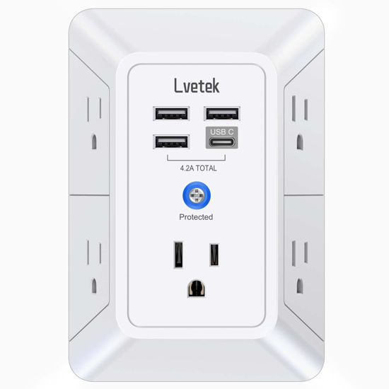 Picture of Lvetek 5 Outlet Extender Multi Plug Wall Outlets with 4 USB Charging Ports (1 USB C Outlet), 3 Sided 1680J Surge Protector Power Strip USB Wall Charger for Home, Office, Travel, ETL Listed, White