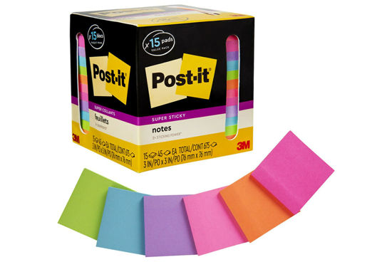 Picture of Post-it Super Sticky Notes, Assorted Bright Colors, 3x3 in, 15 Pads/Pack, 45 Sheets/Pad, 2x the Sticking Power, Recyclable, Multi-color