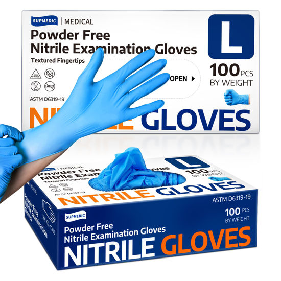 Picture of Supmedic Nitrile Exam Glove, 3.5 mil Disposable Medical Gloves Powder-Free Latex-Free, Box of 100 pcs (Blue) (Large)