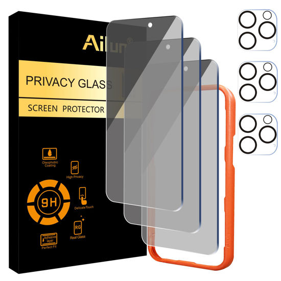 Picture of Ailun 3 Pack Privacy Screen Protector for iPhone 16 Pro Max [6.9 inch]+ 3 Pack Camera Lens Protector,Dynamic Island Compatible,Anti Spy Tempered Glass[9H Hardness]-HD [6 Pack]