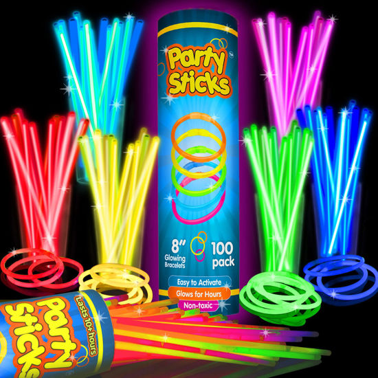 Picture of PartySticks 100 Ultra Bright Glow Sticks Bracelets and Necklaces - Premium Glow in the Dark Party Supplies and Decorations - Bulk 8" Glowsticks Party Favors Pack