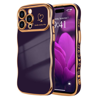 Picture of LCHULLE for iPhone 14 Pro Max Case for Women Girls, Cute Wave Frame Curly Shape with Love Heart Raised Camera Protection Cover Luxury Plating Shockproof Phone Case for iPhone 14 Pro Max, Dark Purple