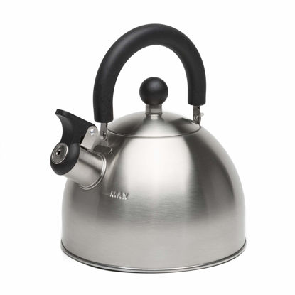 Picture of Primula Stewart Whistling Stovetop Tea Kettle Food Grade Stainless Steel, Hot Water Fast to Boil, Cool Touch Folding, 1.5-Quart, Brushed with Black Handle
