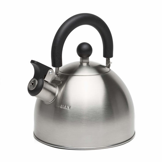 Picture of Primula Stewart Whistling Stovetop Tea Kettle Food Grade Stainless Steel, Hot Water Fast to Boil, Cool Touch Folding, 1.5-Quart, Brushed with Black Handle