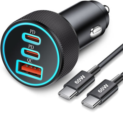 Picture of 67W 3-Port Super Fast Type C Car Charger USB C for Samsung Galaxy S24 S23 S22 S21 Ultra A54 A53 A15 A14, iPhone 16/15 Pro Max, Android, PD/QC Car Adapter Accessories for Men Women + 3FT USB-C Cable