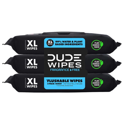 Picture of DUDE Wipes - Flushable Wipes - 3 Pack, 144 Wipes - Unscented Extra-Large Adult Wet Wipes - Vitamin-E & Aloe - Septic and Sewer Safe