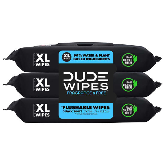 Picture of DUDE Wipes - Flushable Wipes - 3 Pack, 144 Wipes - Unscented Extra-Large Adult Wet Wipes - Vitamin-E & Aloe - Septic and Sewer Safe