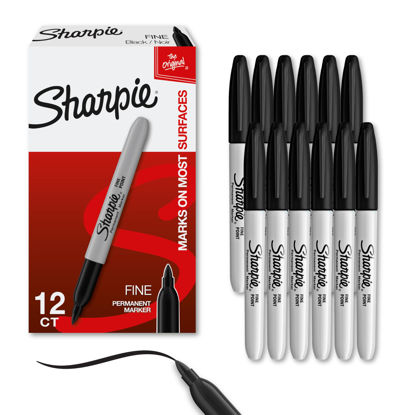 Picture of Sharpie Permanent Markers Set, Quick Drying And Fade Resistant Fine Point Marker For Wood, Plastic, Paper, Metal, And More, Drawing, Coloring, And Poster Marker , Black, 12 Count