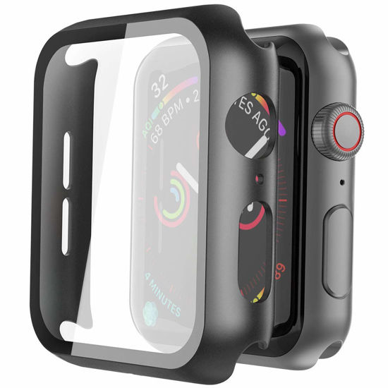 Picture of Misxi 2 Pack Hard PC Case with Tempered Glass Screen Protector Compatible with Apple Watch SE 2 (2024) SE Series 6 Series 5 Series 4 44mm, Black