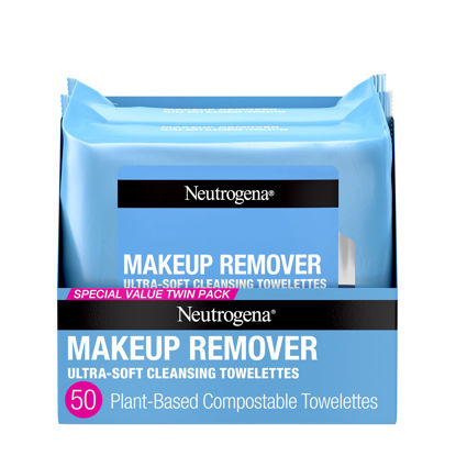 Picture of Neutrogena Makeup Remover Wipes, Ultra-Soft Cleansing Facial Towelettes for Waterproof Makeup, Alcohol-Free, Plant-Based, 50 Count (2 Packs of 25)