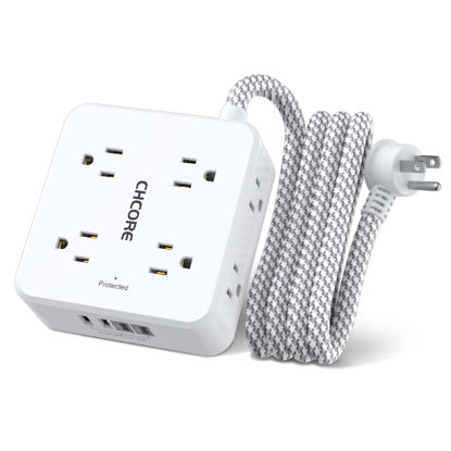 Picture of Surge Protector Power Strip - CHCORE 5Ft Braided Extension Cord with 8 Outlets with 4 USB (2 USB C) Charging Ports, Flat Plug Multi Plug Outlet Extender Charging Station for Home Office, ETL, White
