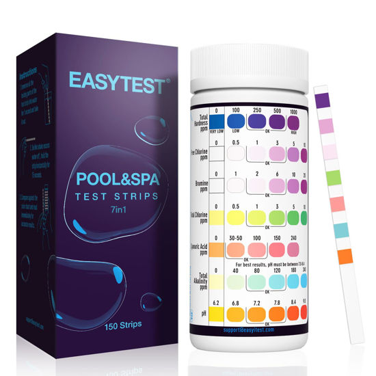 Picture of EASYTEST 7-Way Pool Test Strips, 150 Strips Water Chemical Testing for Hot tub and Spa, Accurate Test Bromine, Total Alkalinity, pH, Free Chlorine, Total Hardness, Cyanuric Acid, and Total Chlorine