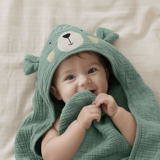 Picture of Blissful Diary Muslin Baby Hooded Towel, Soft and Absorbent Bath Towel for Newborn, Infant, Toddler, Unisex, 32″x32″ - Smart Bear