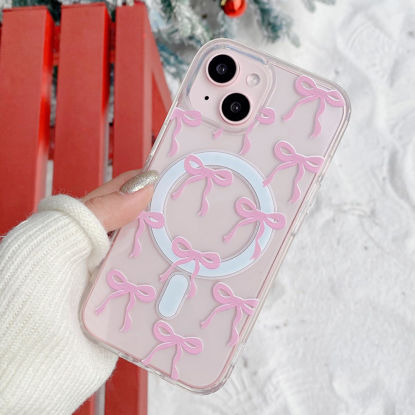 Picture of UEEBAI Magnetic for iPhone 14 Case & iPhone 13 Case, Bow Case Compatible with MagSafe, Wireless Slim Clear Ribbon Phone Case Anti-Yellowing Shockproof Protective Cover for Women Girl - Pink
