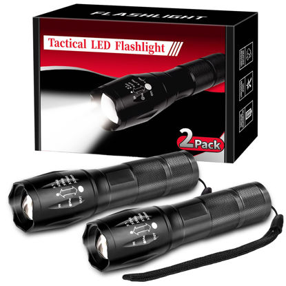 Picture of 2 Pack Tactical Flashlights Torch, Military Grade 5 Modes 3000 High Lumens Led Waterproof Handheld Flashlight for Camping Biking Hiking Outdoor Home Emergency