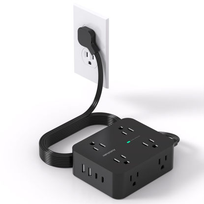 Picture of Power Strip Surge Protector, 5Ft Ultra Thin Flat Plug Extension Cord with Multiple Outlets, 8 Widely Outlet Extender with 4 USB Ports(2 USB C), 1080J Wall Mount for College Dorm Room Essentials Black
