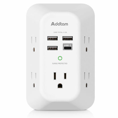 Picture of Addtam USB Wall Charger Surge Protector 5 Outlet Extender with 4 USB Charging Ports (1 USB C Outlet) 3 Sided 1800J Power Strip Multi Plug Outlets Wall Adapter Spaced for Home Travel Office ETL Listed