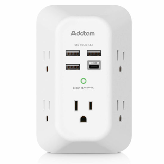 Picture of Addtam USB Wall Charger Surge Protector 5 Outlet Extender with 4 USB Charging Ports (1 USB C Outlet) 3 Sided 1800J Power Strip Multi Plug Outlets Wall Adapter Spaced for Home Travel Office ETL Listed