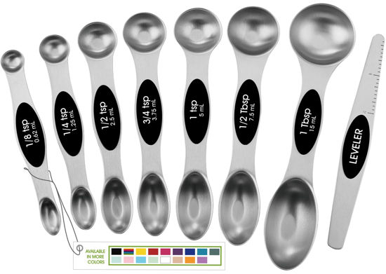 Picture of Spring Chef Magnetic Measuring Spoons Set with Strong N45 Magnets, Heavy Duty Stainless Steel Metal, Fits in Most Kitchen Spice Jars for Baking & Cooking, BPA Free, Black, Set of 8 with Leveler