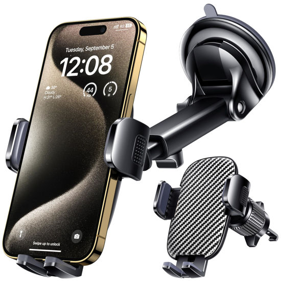 Picture of Qifutan Car Phone Holder Mount Phone Mount for Car Windshield Dashboard Air Vent Universal Hands Free Automobile Cell Phone Holder Fit for iPhone Smartphone Carbon Fiber