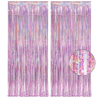 Picture of Pink Tinsel Curtain Party Backdrop - GREATRIL Foil Fringe Curtain Lilac Pink Party Streamers for Princess Bachelorette Euphoria Theme Party Decorations - 2 Packs