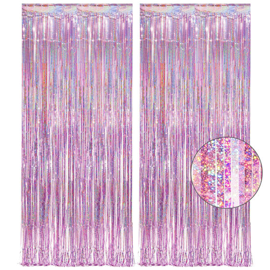 Picture of Pink Tinsel Curtain Party Backdrop - GREATRIL Foil Fringe Curtain Lilac Pink Party Streamers for Princess Bachelorette Euphoria Theme Party Decorations - 2 Packs